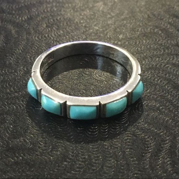 Sterling Silver Turquoise Cabochon Inlay Band Ring Sz 8 - Picture 4 of 7